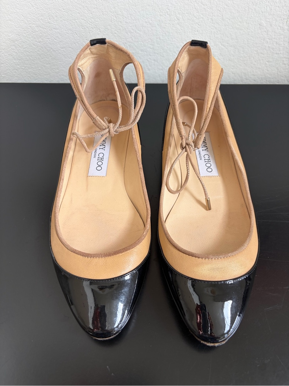 Jimmy Choo Black Patent Toe and Beige Leather Ballet Flats with Ankle Tie